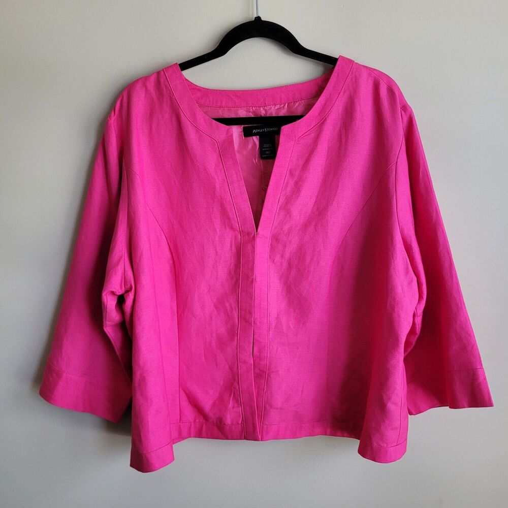 Ashley Stewart Womens Cropped Jacket Plus Size 18W Barbie Pink Linen Blend Lined
